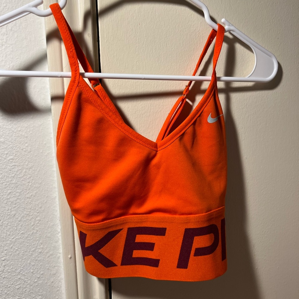 Orange, Dri-Fit Nike Pro Sports Bra, Crossed back, Medium Support, Size Small.